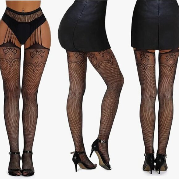 Black Fishnet High-Waist Stocking Tights - Picture 1 of 3